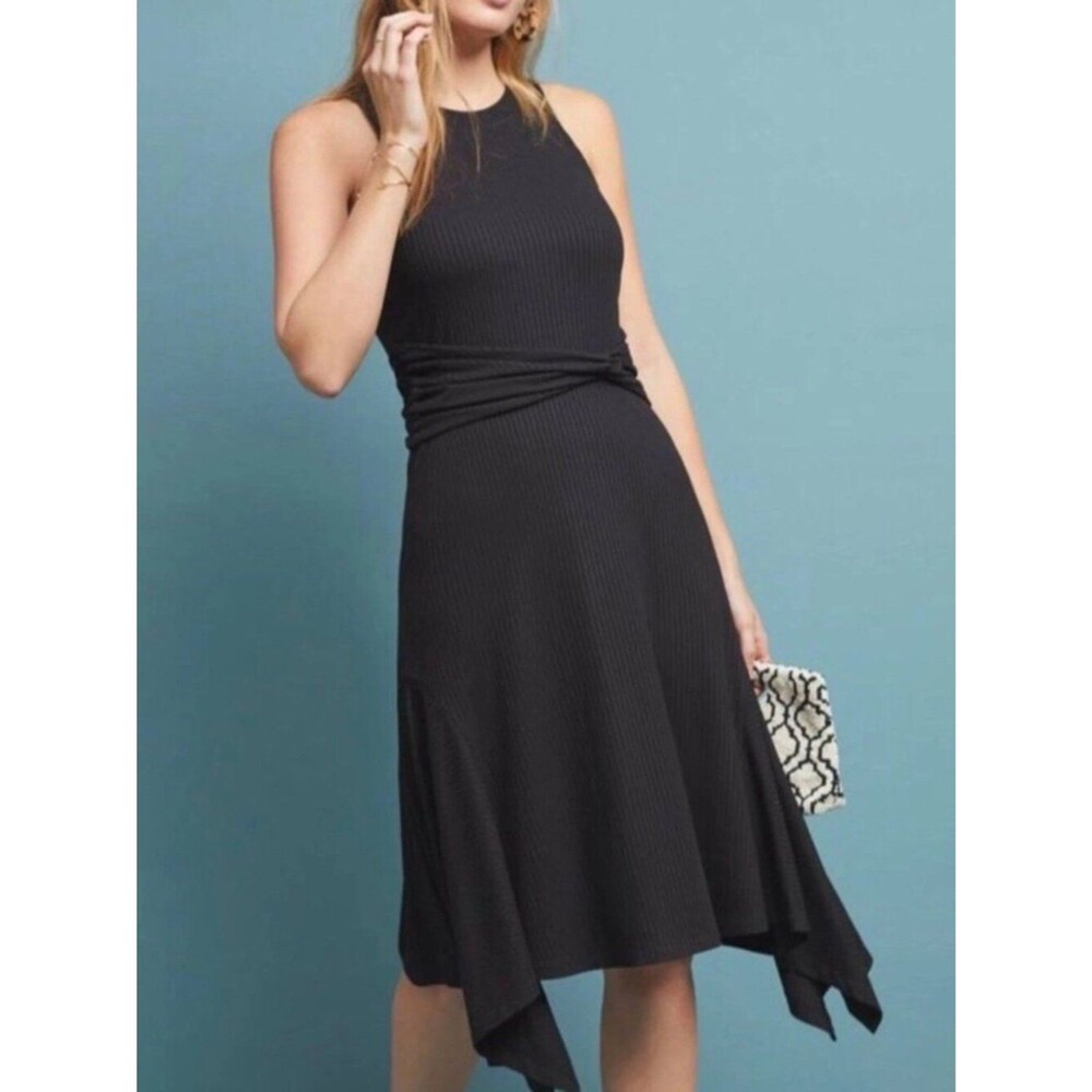 ANTHROPOLOGIE Kingsolver Assymetrical Ribbed Midi Dress Black Small S
